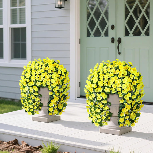 Artificial Faux Hanging Plants Flowers for Outdoor Spring Summer Decor, 2 PCS Fake Silk Yellow Daisy Long Vines Orchid UV Resistant Realistic Mums for Outside Home Porch Patio Balcony Planter