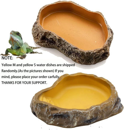 Reptile Water Dish,Resin Reptile Rock Food Feeder Bowl, Water and Food Bowl,Terrarium Decor for Leopard Gecko, Lizard,Spider,Turtle,Scorpion, Chameleon,Hermit Crabs (S, Yellow)