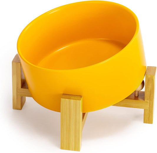 15° Slanted Ceramic Dog and Cat Bowl with Wooden Stand, Tilted Bulldog Food and Water Bowl No Slip Non-Spill for Cats Medium Dogs Big Face Pets 28.7 OZ (3.6 Cups, Yellow)