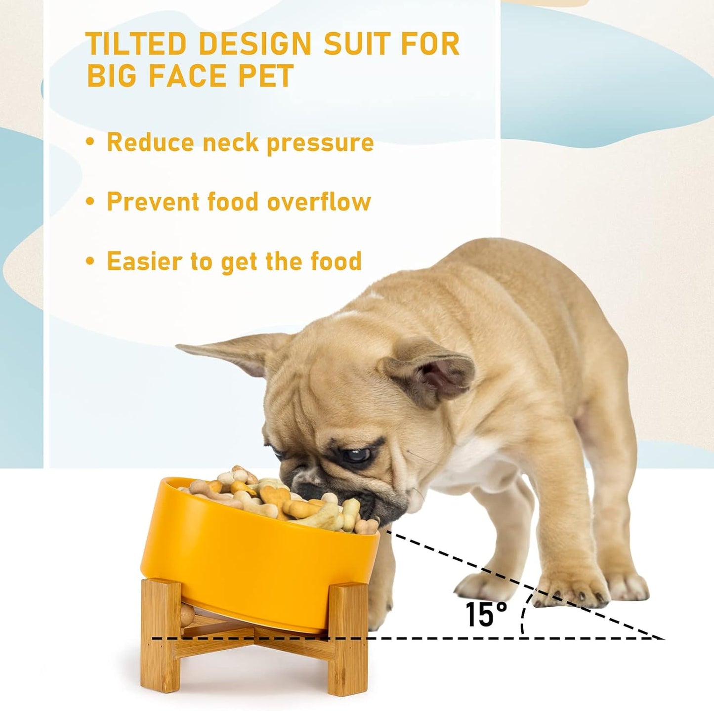 15° Slanted Ceramic Dog and Cat Bowl with Wooden Stand, Tilted Bulldog Food and Water Bowl No Slip Non-Spill for Cats Medium Dogs Big Face Pets 28.7 OZ (3.6 Cups, Yellow)