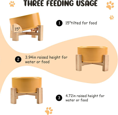 15° Slanted Ceramic Dog and Cat Bowl with Wooden Stand, Tilted Bulldog Food and Water Bowl No Slip Non-Spill for Cats Medium Dogs Big Face Pets 28.7 OZ (3.6 Cups, Yellow)
