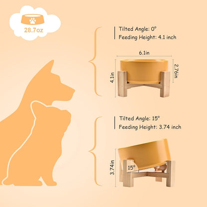 15° Slanted Ceramic Dog and Cat Bowl with Wooden Stand, Tilted Bulldog Food and Water Bowl No Slip Non-Spill for Cats Medium Dogs Big Face Pets 28.7 OZ (3.6 Cups, Yellow)