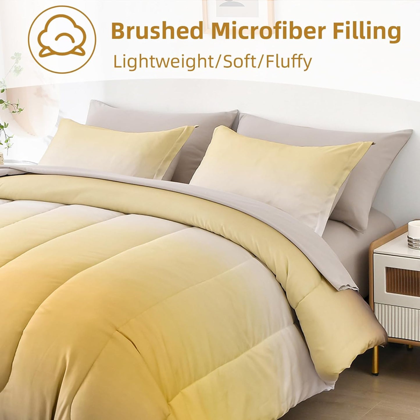 7 Pieces Gradient Yellow Comforter Set - Lightweight Grey and Yellow Ombre Bed in a Bag Set, All Season Down Alternative Light Grey Abstract Bedding Set for Teen Boys Girls Women (90" x90")