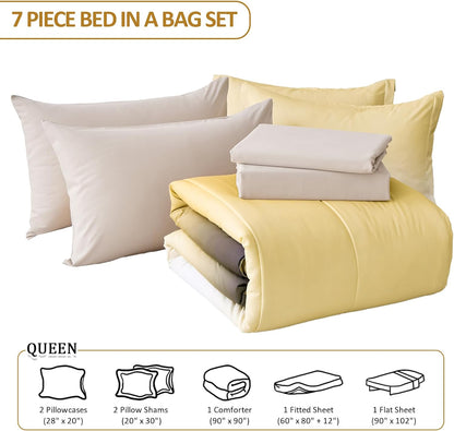 7 Pieces Gradient Yellow Comforter Set - Lightweight Grey and Yellow Ombre Bed in a Bag Set, All Season Down Alternative Light Grey Abstract Bedding Set for Teen Boys Girls Women (90" x90")