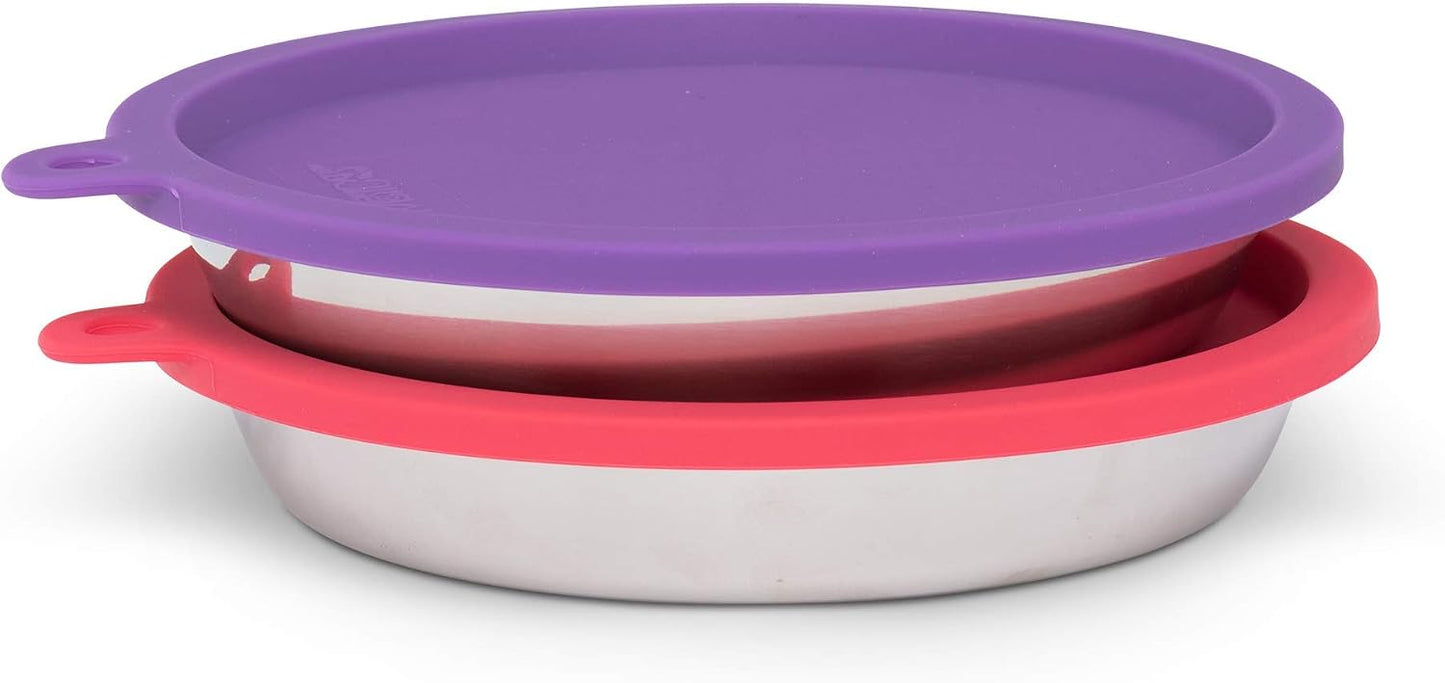 4 Piece Set, 2 Stainless Bowls and 2 Lids, 1.75 Cup | Cat Feeding Set With Two Stainless Saucer Bowls And Two Airtight Silicone Lids For Meal Prep And Storage