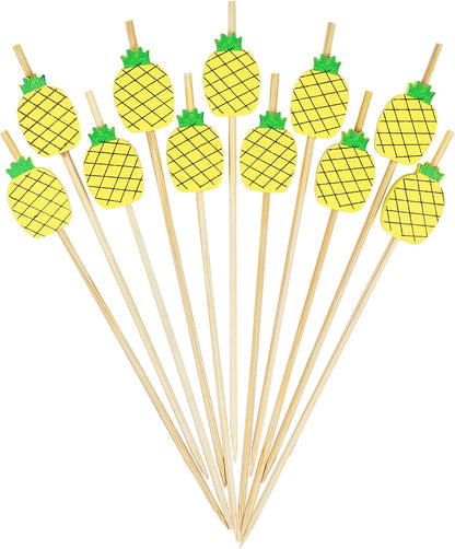 Yellow Pineapple Cocktail Picks, 4.7 Inch Long Bamboo Fancy Toothpicks for Appetizers, Decorative Summer Tropical Hawaiian Party Food Drinks Garnish Fruit Skewer Sticks 100 Counts - MSL171