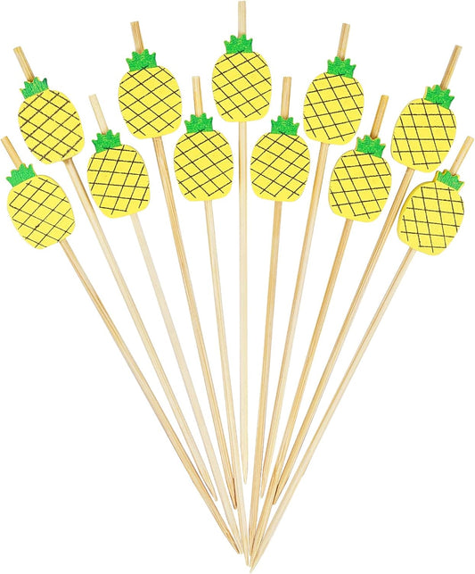 Yellow Pineapple Cocktail Picks, 4.7 Inch Long Bamboo Fancy Toothpicks for Appetizers, Decorative Summer Tropical Hawaiian Party Food Drinks Garnish Fruit Skewer Sticks 100 Counts - MSL171