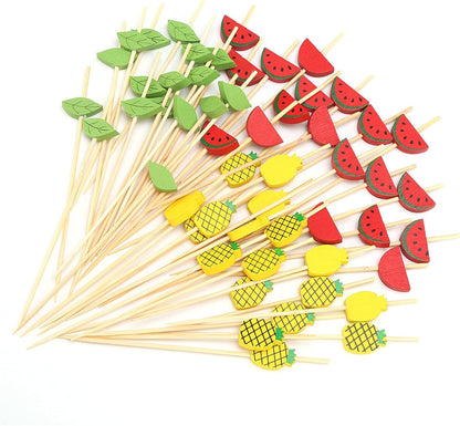 Yellow Pineapple Cocktail Picks, 4.7 Inch Long Bamboo Fancy Toothpicks for Appetizers, Decorative Summer Tropical Hawaiian Party Food Drinks Garnish Fruit Skewer Sticks 100 Counts - MSL171