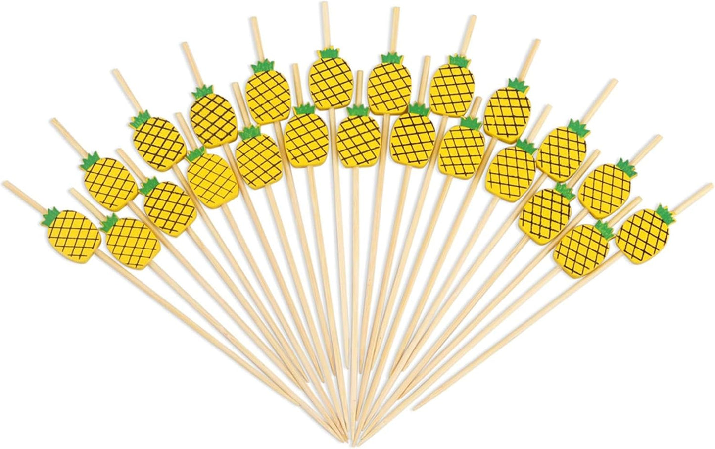 Yellow Pineapple Cocktail Picks, 4.7 Inch Long Bamboo Fancy Toothpicks for Appetizers, Decorative Summer Tropical Hawaiian Party Food Drinks Garnish Fruit Skewer Sticks 100 Counts - MSL171