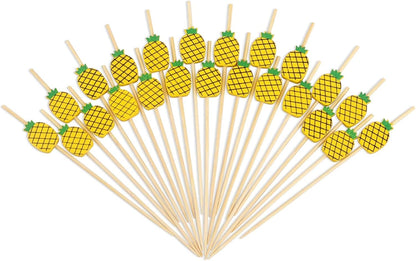 Yellow Pineapple Cocktail Picks, 4.7 Inch Long Bamboo Fancy Toothpicks for Appetizers, Decorative Summer Tropical Hawaiian Party Food Drinks Garnish Fruit Skewer Sticks 100 Counts - MSL171