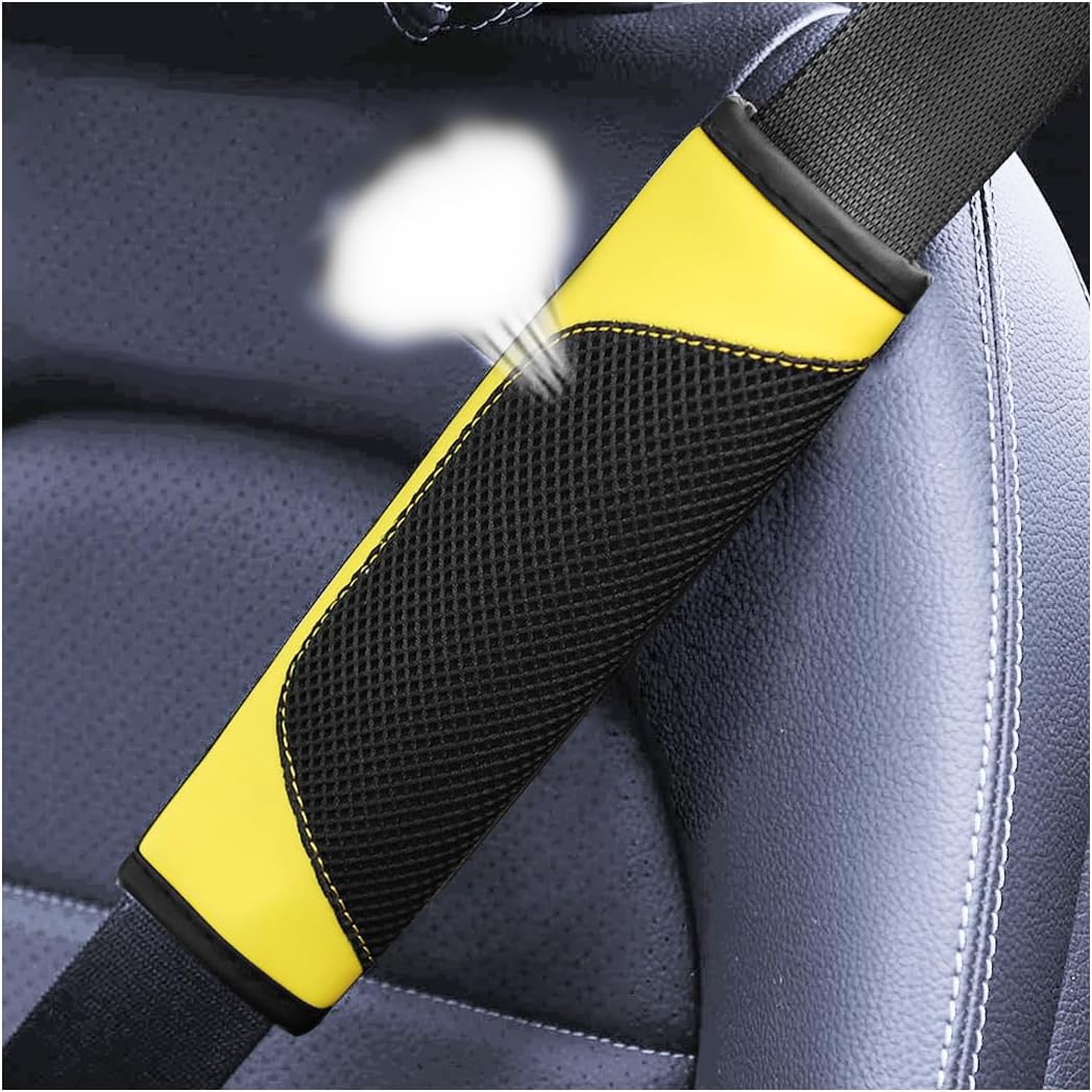 2PCS Car Seat Belt Pads Cover Leather Mesh Shoulder Cushion Yellow | Leather mesh surface, sponge lining comfort, velcro closure design, fits most cars SUVs and trucks, automotive accessories