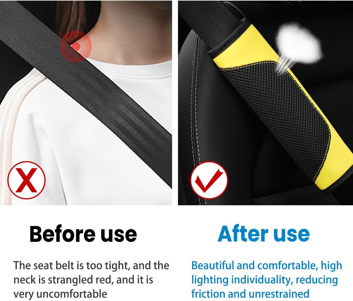 2PCS Car Seat Belt Pads Cover Leather Mesh Shoulder Cushion Yellow | Leather mesh surface, sponge lining comfort, velcro closure design, fits most cars SUVs and trucks, automotive accessories