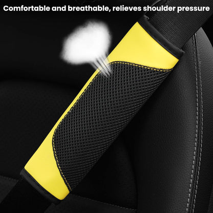 2PCS Car Seat Belt Pads Cover Leather Mesh Shoulder Cushion Yellow | Leather mesh surface, sponge lining comfort, velcro closure design, fits most cars SUVs and trucks, automotive accessories