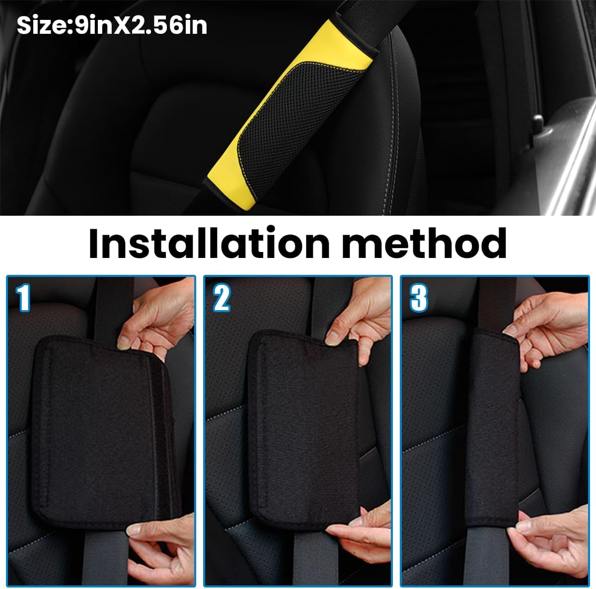 2PCS Car Seat Belt Pads Cover Leather Mesh Shoulder Cushion Yellow | Leather mesh surface, sponge lining comfort, velcro closure design, fits most cars SUVs and trucks, automotive accessories