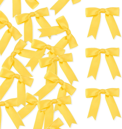 Meseey 100 Pcs Pastel Yellow Satin Ribbon Bows with Twist Tie 2.5 Inch Pretied Premade Colored Craft Bows for Gift Wrapping Basket Wedding Baby Shower Brithday Party (Yellow)