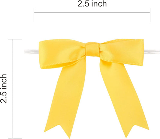 Meseey 100 Pcs Pastel Yellow Satin Ribbon Bows with Twist Tie 2.5 Inch Pretied Premade Colored Craft Bows for Gift Wrapping Basket Wedding Baby Shower Brithday Party (Yellow)