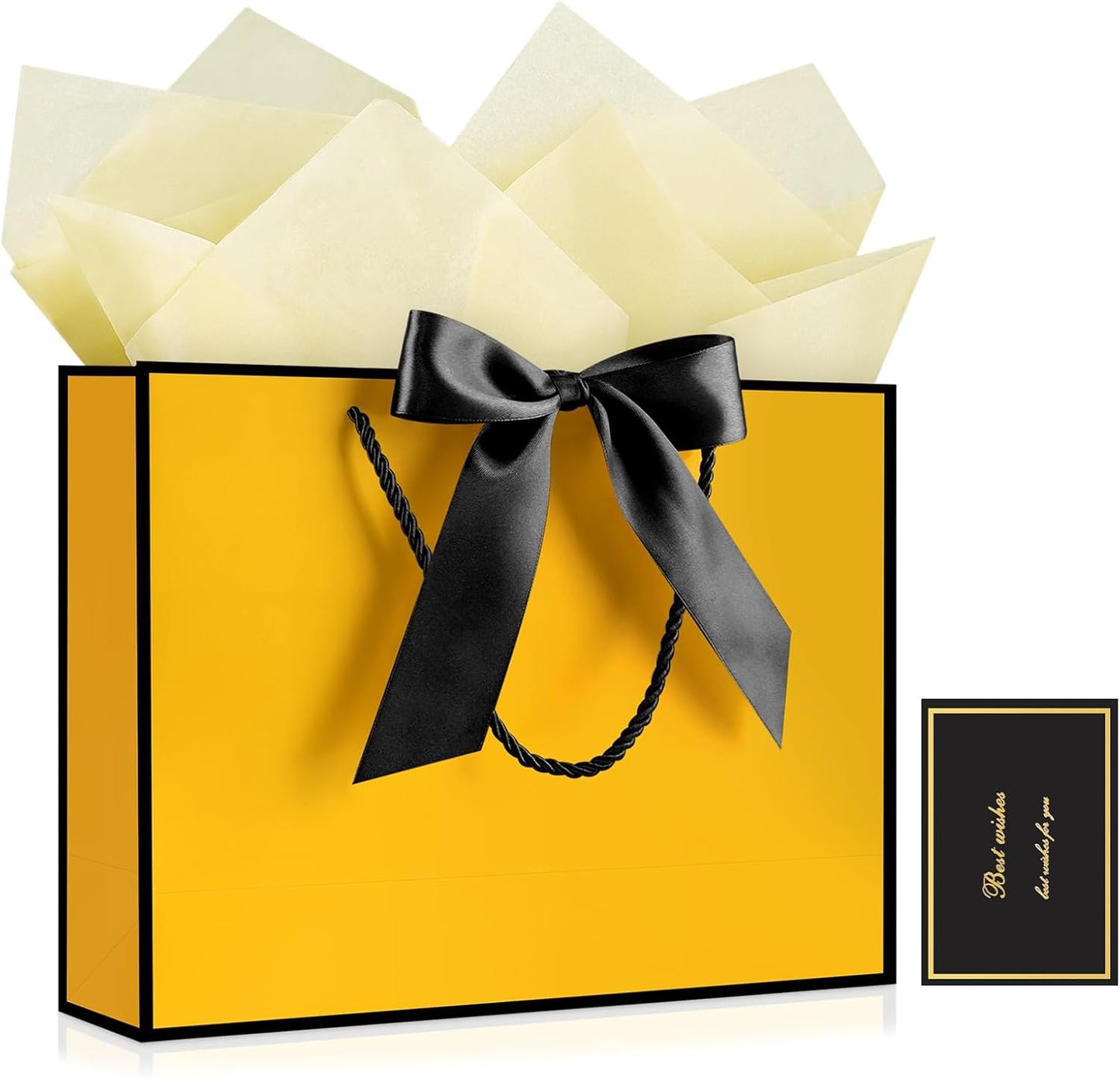 Gift Bags with Handles, 13” Medium Gift Bag for Presents, 1 Pcs Bags with 2 Tissue Paper and 1 Cards for Baby Shower Wedding Bridal Shower Mother's Day Birthday Party (Yellow-Black