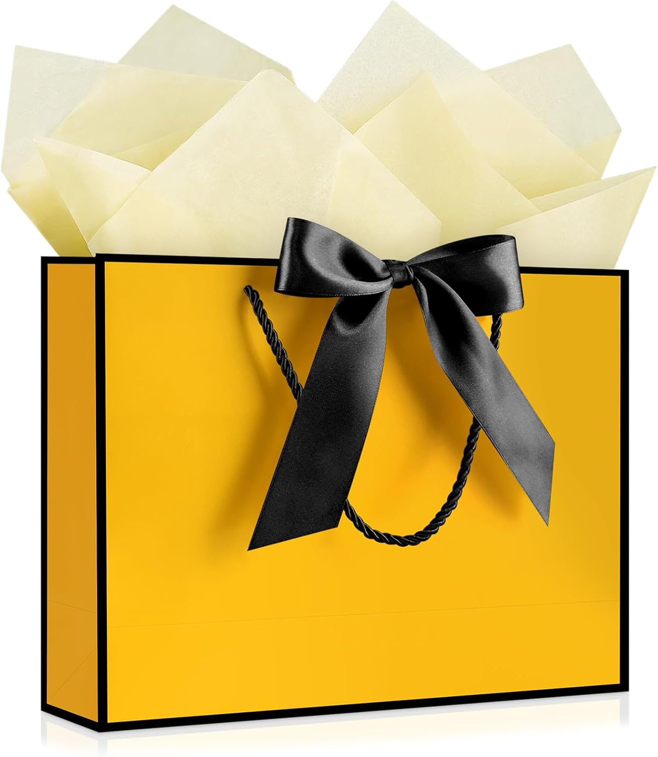 Gift Bags with Handles, 13” Medium Gift Bag for Presents, 1 Pcs Bags with 2 Tissue Paper and 1 Cards for Baby Shower Wedding Bridal Shower Mother's Day Birthday Party (Yellow-Black