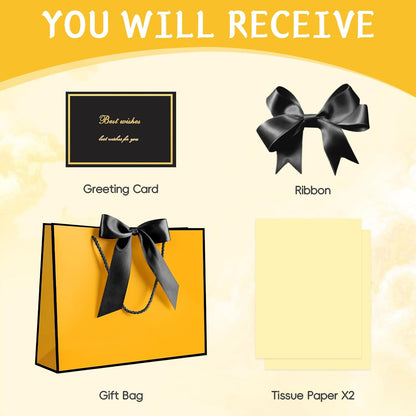 Gift Bags with Handles, 13” Medium Gift Bag for Presents, 1 Pcs Bags with 2 Tissue Paper and 1 Cards for Baby Shower Wedding Bridal Shower Mother's Day Birthday Party (Yellow-Black