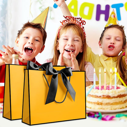 Gift Bags with Handles, 13” Medium Gift Bag for Presents, 1 Pcs Bags with 2 Tissue Paper and 1 Cards for Baby Shower Wedding Bridal Shower Mother's Day Birthday Party (Yellow-Black