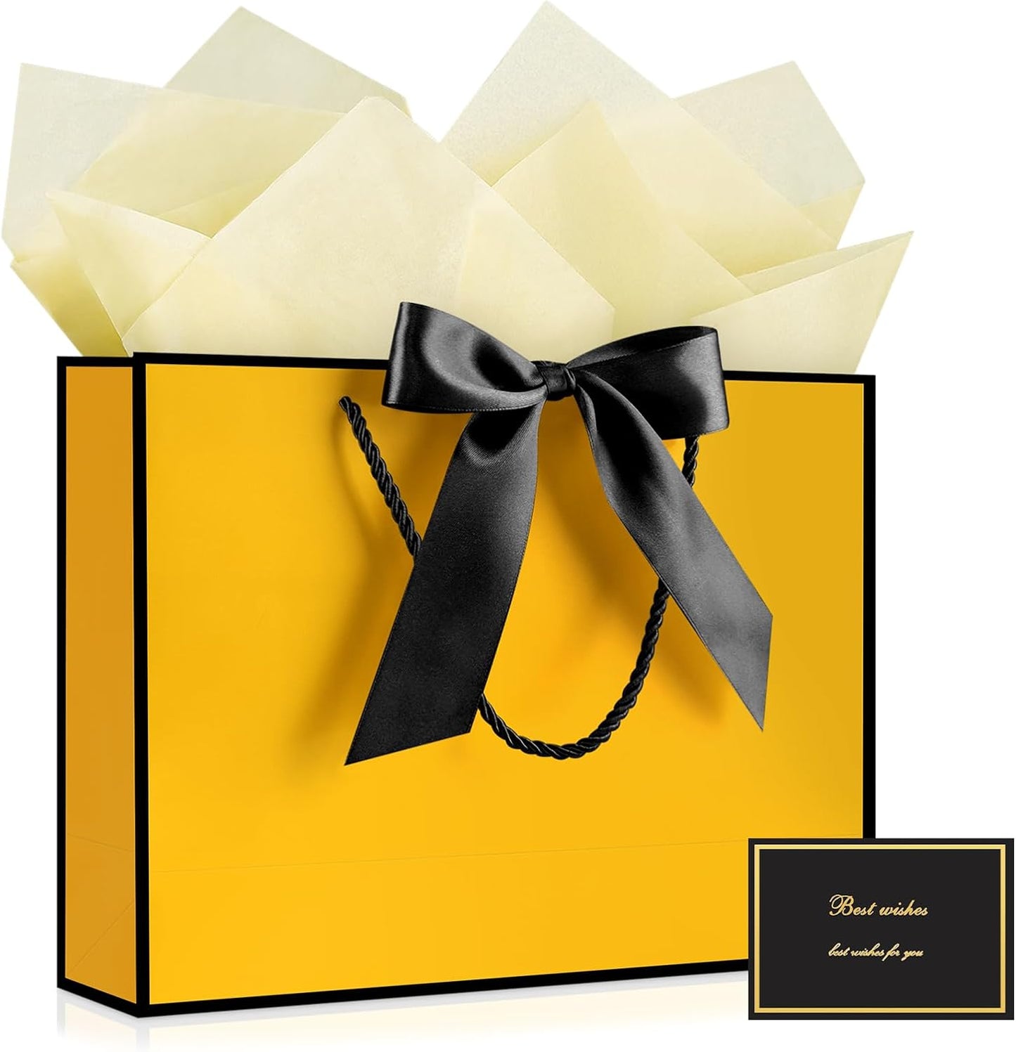 Gift Bags with Handles, 13” Medium Gift Bag for Presents, 1 Pcs Bags with 2 Tissue Paper and 1 Cards for Baby Shower Wedding Bridal Shower Mother's Day Birthday Party (Yellow-Black