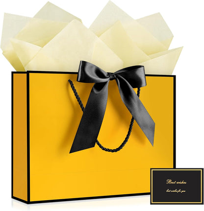Gift Bags with Handles, 13” Medium Gift Bag for Presents, 1 Pcs Bags with 2 Tissue Paper and 1 Cards for Baby Shower Wedding Bridal Shower Mother's Day Birthday Party (Yellow-Black