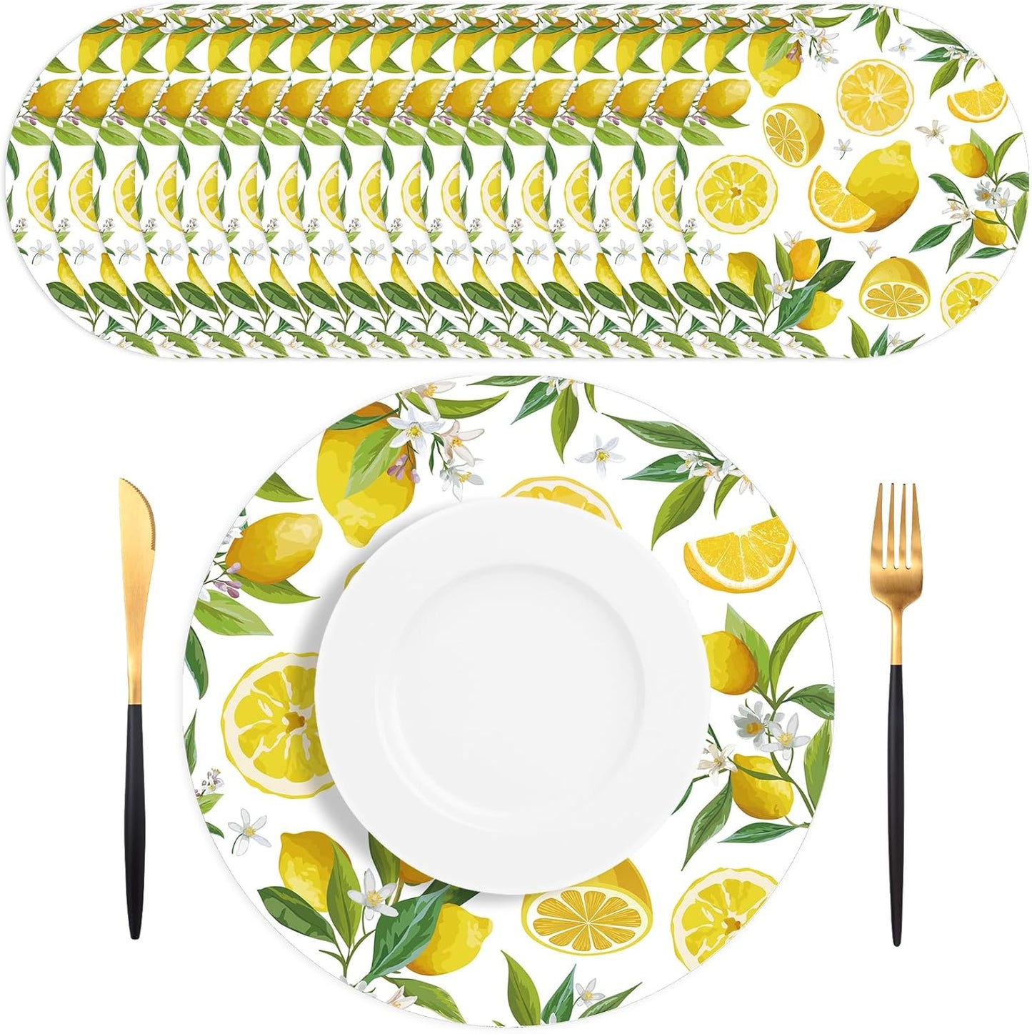 Paper Placemats Disposable 50 Pack Lemon Round Placemats, Yellow Lemon Fruit Place Mats for Summer Home Dining Table Wedding Party Supplies