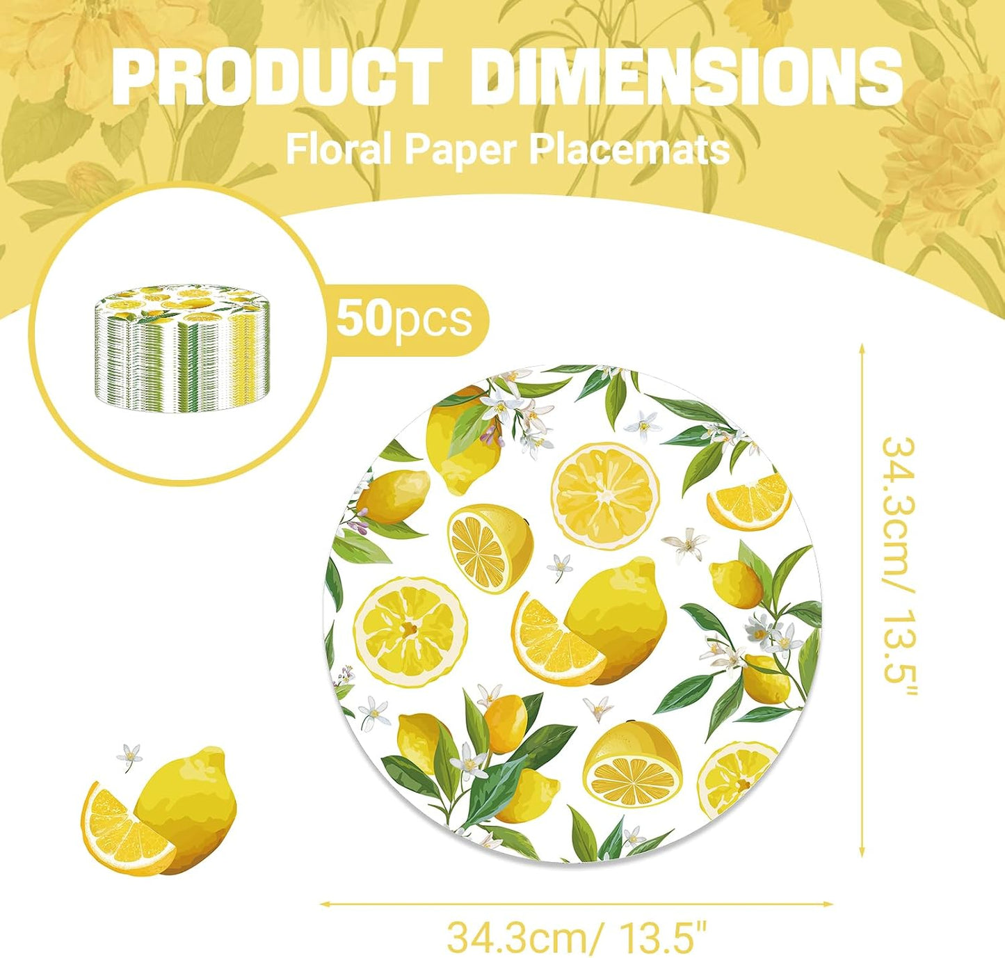 Paper Placemats Disposable 50 Pack Lemon Round Placemats, Yellow Lemon Fruit Place Mats for Summer Home Dining Table Wedding Party Supplies