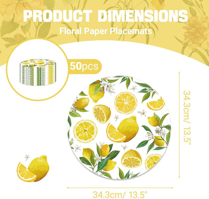 Paper Placemats Disposable 50 Pack Lemon Round Placemats, Yellow Lemon Fruit Place Mats for Summer Home Dining Table Wedding Party Supplies
