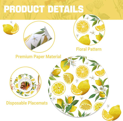 Paper Placemats Disposable 50 Pack Lemon Round Placemats, Yellow Lemon Fruit Place Mats for Summer Home Dining Table Wedding Party Supplies