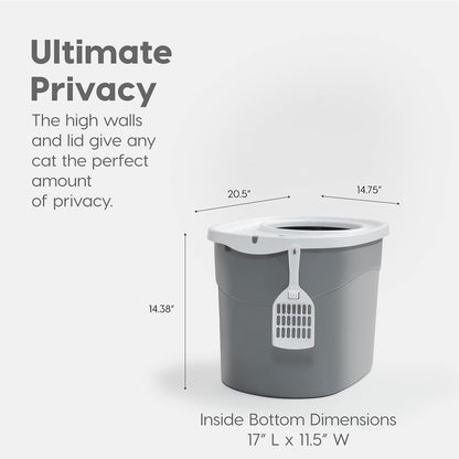 Large Top Entry Cat Litter Box, Hooded Privacy, Gray/White | Multi-Cat Households, Dog Proof Pan, Protected Interior, Enclosed Top Access, Reduced Tracking, Odor Trapping