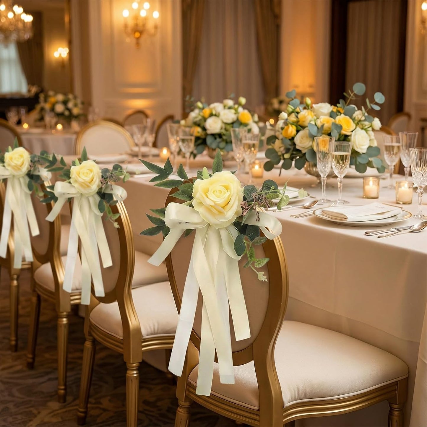 Set of 8 Wedding Chair Decorations and Pew Decorations for Weddings, Lovely Yellow Boho Faux Flower Bouquets, Elegant and Easy to Hang, Perfect for Weddings, Receptions and Church Decor