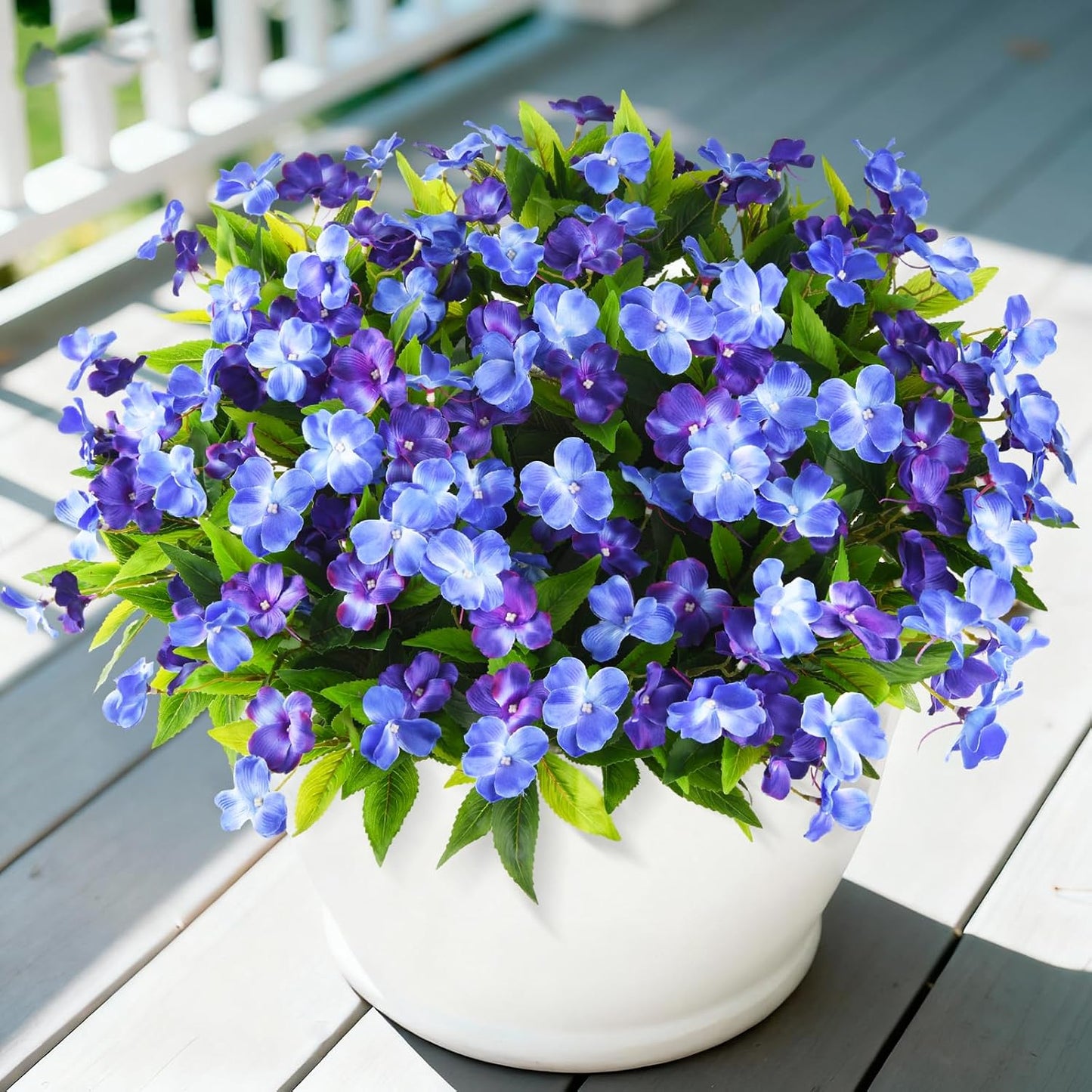 Artificial Impatiens Flowers for Outdoors, 6 PCS UV Resistant Fake Plants | Silk Fake Flowers,Spring Summer Decoration, Faux Plants Plastic Bouquet for Home Planter Porch Patio Yard Decor,Double Blue