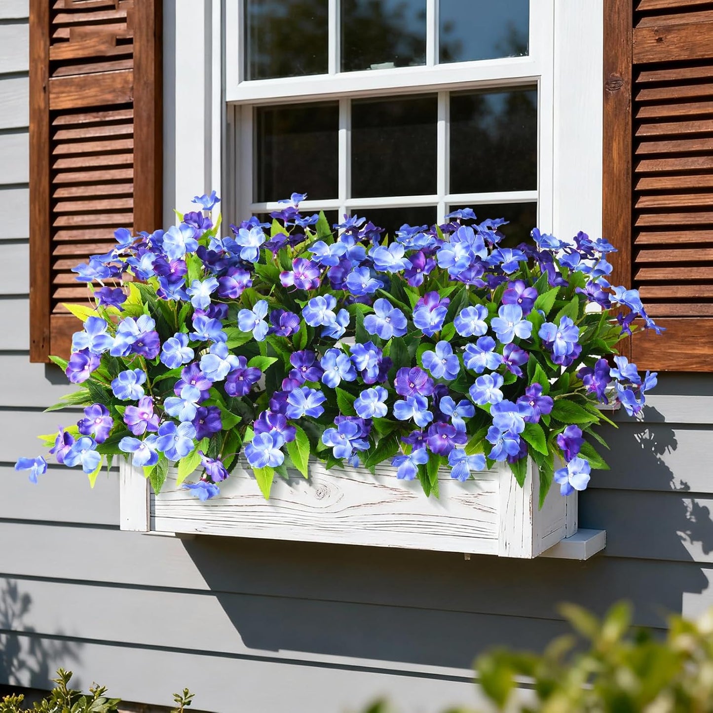 Artificial Impatiens Flowers for Outdoors, 6 PCS UV Resistant Fake Plants | Silk Fake Flowers,Spring Summer Decoration, Faux Plants Plastic Bouquet for Home Planter Porch Patio Yard Decor,Double Blue