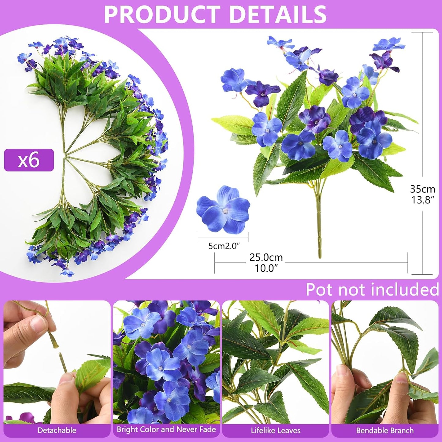 Artificial Impatiens Flowers for Outdoors, 6 PCS UV Resistant Fake Plants | Silk Fake Flowers,Spring Summer Decoration, Faux Plants Plastic Bouquet for Home Planter Porch Patio Yard Decor,Double Blue