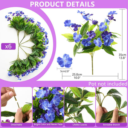 Artificial Impatiens Flowers for Outdoors, 6 PCS UV Resistant Fake Plants | Silk Fake Flowers,Spring Summer Decoration, Faux Plants Plastic Bouquet for Home Planter Porch Patio Yard Decor,Double Blue