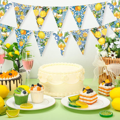 5 Pieces Blue Tiles Lemon Decor Lemon Bunting Banners Blue Tiles Paper Pennant Garlands Lemonade Hanging Triangle Flags for Wedding Birthday Bridal Shower Bachelorette Party Decorations