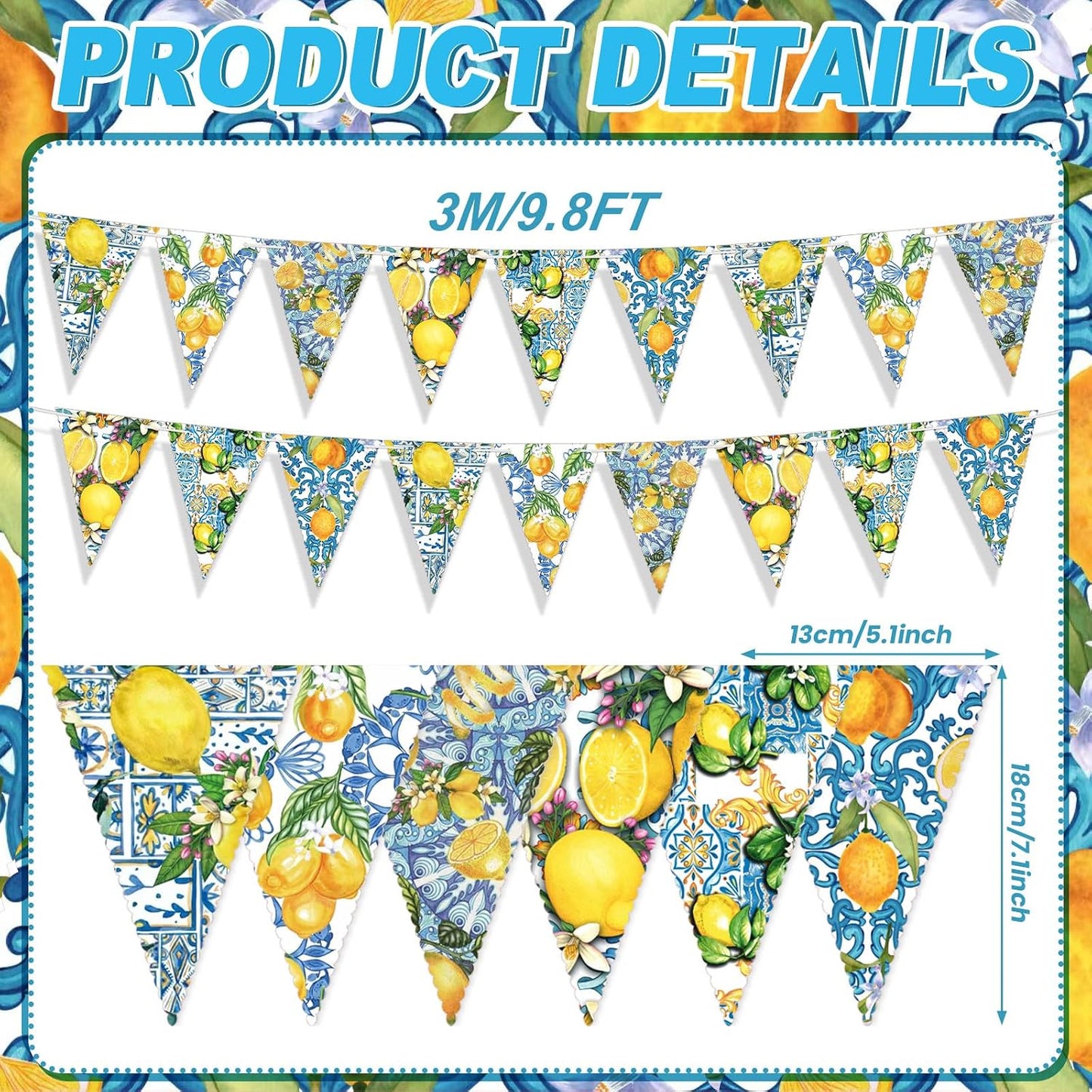 5 Pieces Blue Tiles Lemon Decor Lemon Bunting Banners Blue Tiles Paper Pennant Garlands Lemonade Hanging Triangle Flags for Wedding Birthday Bridal Shower Bachelorette Party Decorations