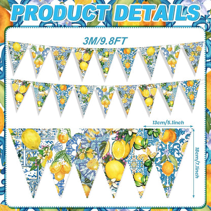 5 Pieces Blue Tiles Lemon Decor Lemon Bunting Banners Blue Tiles Paper Pennant Garlands Lemonade Hanging Triangle Flags for Wedding Birthday Bridal Shower Bachelorette Party Decorations
