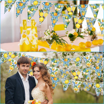 5 Pieces Blue Tiles Lemon Decor Lemon Bunting Banners Blue Tiles Paper Pennant Garlands Lemonade Hanging Triangle Flags for Wedding Birthday Bridal Shower Bachelorette Party Decorations