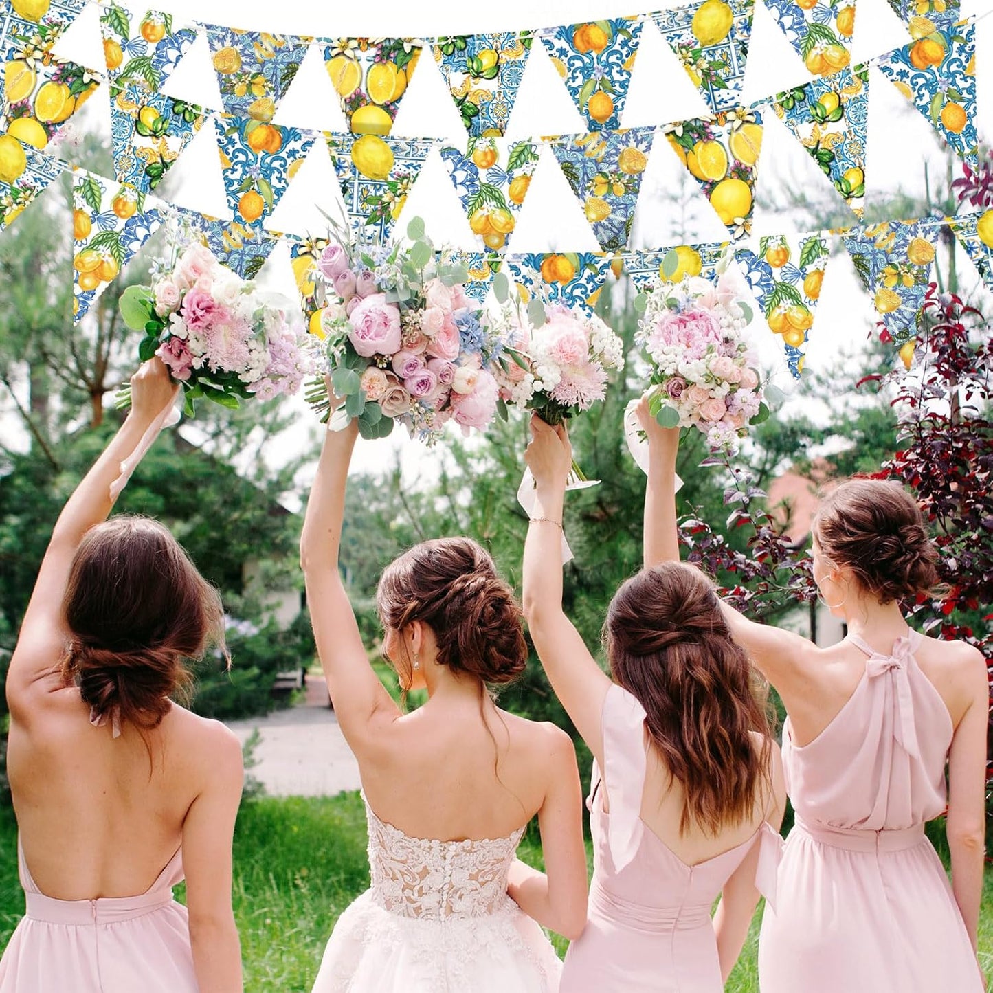 5 Pieces Blue Tiles Lemon Decor Lemon Bunting Banners Blue Tiles Paper Pennant Garlands Lemonade Hanging Triangle Flags for Wedding Birthday Bridal Shower Bachelorette Party Decorations