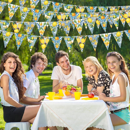 5 Pieces Blue Tiles Lemon Decor Lemon Bunting Banners Blue Tiles Paper Pennant Garlands Lemonade Hanging Triangle Flags for Wedding Birthday Bridal Shower Bachelorette Party Decorations