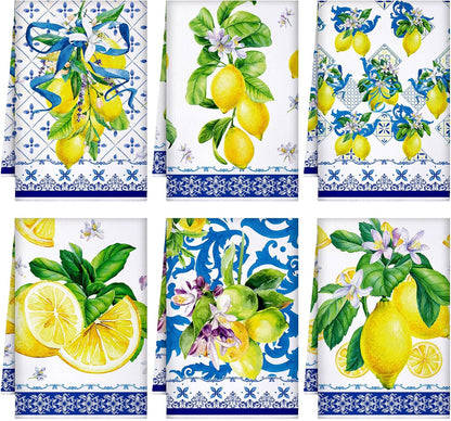 6 Pieces Blue and White Lemon Kitchen Towels Set Absorbent Dish Towels Decorative Tea Washcloth for Spring Summer Kitchen Bathroom Home Decor, 16 x 24 Inch (Blue, White)
