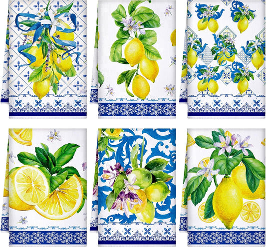 6 Pieces Blue and White Lemon Kitchen Towels Set Absorbent Dish Towels Decorative Tea Washcloth for Spring Summer Kitchen Bathroom Home Decor, 16 x 24 Inch (Blue, White)