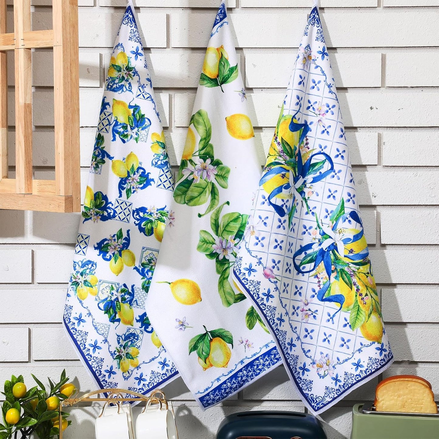 6 Pieces Blue and White Lemon Kitchen Towels Set Absorbent Dish Towels Decorative Tea Washcloth for Spring Summer Kitchen Bathroom Home Decor, 16 x 24 Inch (Blue, White)