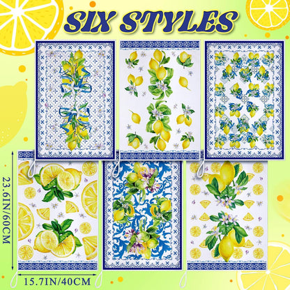 6 Pieces Blue and White Lemon Kitchen Towels Set Absorbent Dish Towels Decorative Tea Washcloth for Spring Summer Kitchen Bathroom Home Decor, 16 x 24 Inch (Blue, White)
