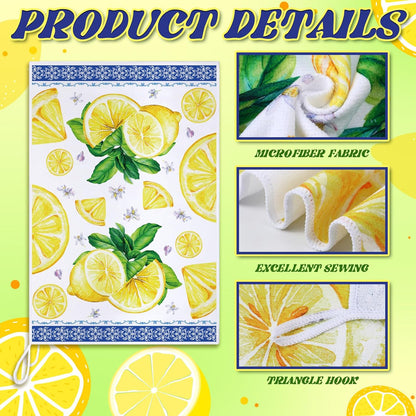 6 Pieces Blue and White Lemon Kitchen Towels Set Absorbent Dish Towels Decorative Tea Washcloth for Spring Summer Kitchen Bathroom Home Decor, 16 x 24 Inch (Blue, White)