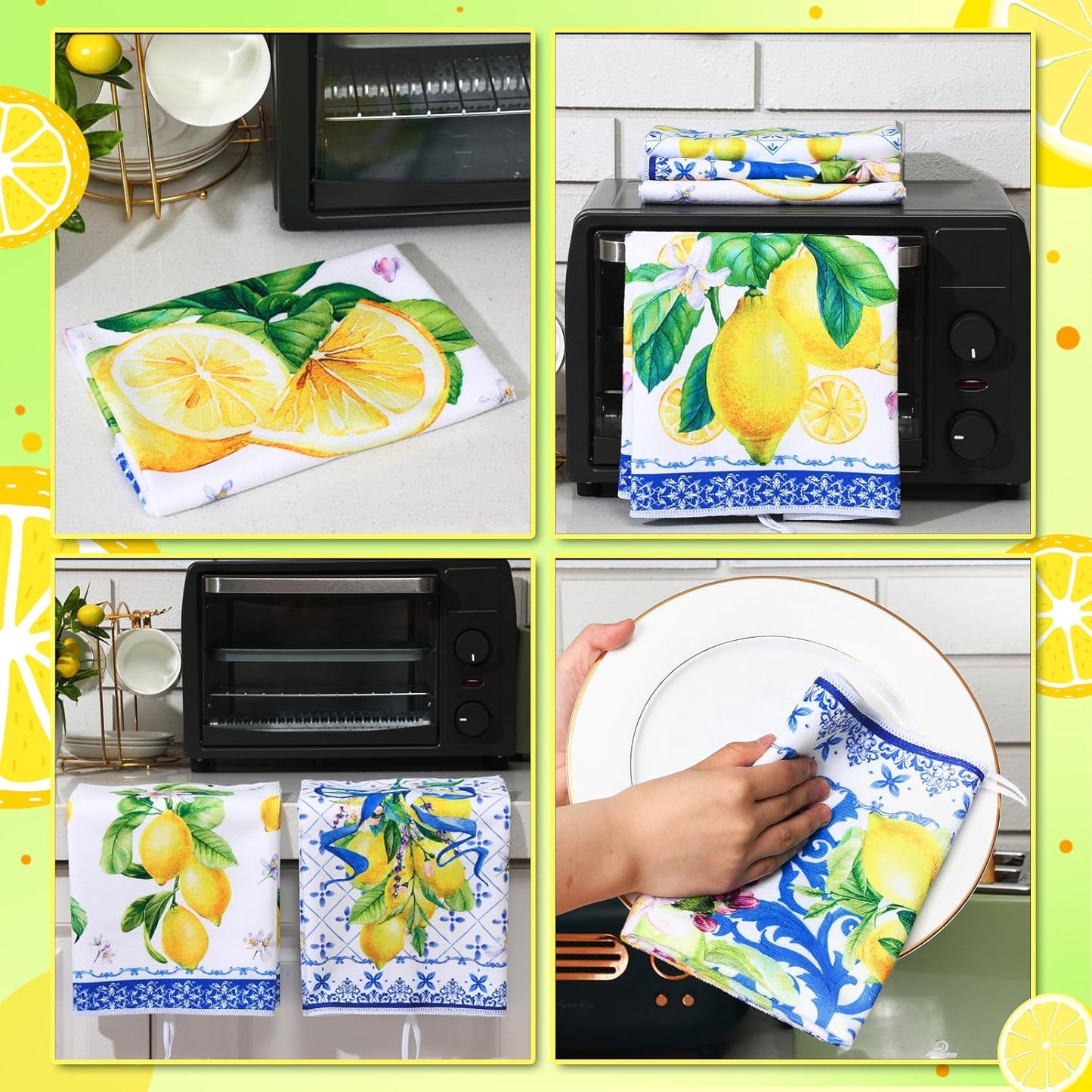 6 Pieces Blue and White Lemon Kitchen Towels Set Absorbent Dish Towels Decorative Tea Washcloth for Spring Summer Kitchen Bathroom Home Decor, 16 x 24 Inch (Blue, White)
