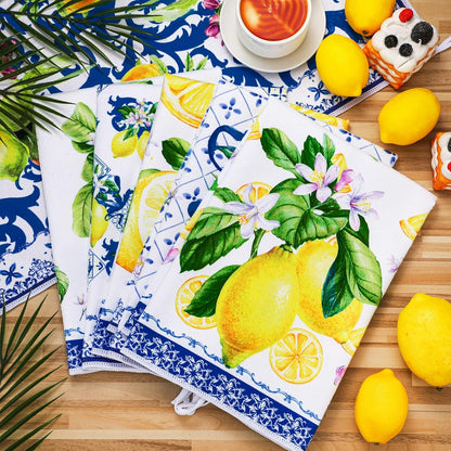 6 Pieces Blue and White Lemon Kitchen Towels Set Absorbent Dish Towels Decorative Tea Washcloth for Spring Summer Kitchen Bathroom Home Decor, 16 x 24 Inch (Blue, White)