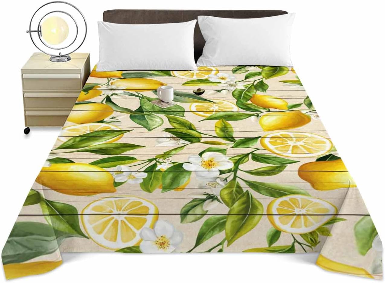 Queen Size Top Sheet Only, Farm Fruits Lemon Floral Flat Sheet Microfiber Breathable Soft Bed Sheets, Yellow Wood Texture Hotel Bedding Flat Sheets for Bedroom